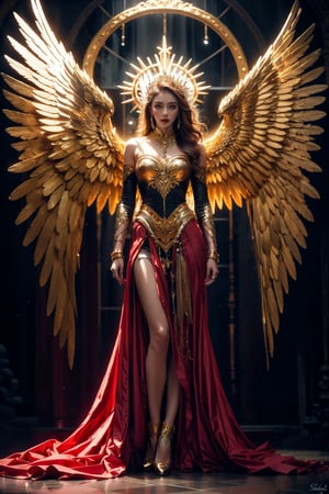 Create a full-body portrait of a striking young Asian woman in a wide-angle view. She embodies a dark, ethereal presence, dressed in a gothic-inspired gold outfit that features intricate jewelry and chains. The outfit includes a ruffled skirt and high heels, enhancing her elegant yet mysterious aesthetic. She has large, shimmering gold angelic wings that symbolize a contrast between light and dark. Her long brown-red hair elegantly frames her highly detailed face, highlighting her beautiful, expressive eyes. The background should depict a dramatic, cathedral-like setting with tall, ornate columns, creating a blend of dark fantasy and celestial themes. The overall mood should portray her as a supernatural being with a regal and otherworldly presence.