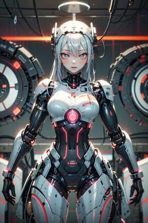 Create a striking image of a cyborg girl with a futuristic, high-tech design. The cyborg should have a sleek, streamlined appearance with visible mechanical components, such as glowing circuitry, robotic limbs, and a partially transparent chest panel revealing intricate internal machinery. Her face should have a mix of human features and robotic elements, with a sophisticated visor or eye implant that glows softly. She should be posed in a dynamic, powerful stance, conveying both strength and elegance. The background can be a blend of futuristic urban environment and technological elements, with neon lights or digital displays to enhance the sci-fi feel. The overall image should emphasize the fusion of human and machine, highlighting both the advanced technology and the character's unique presence.