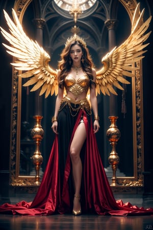 Create a full-body portrait of a striking young Asian woman in a wide-angle view. She embodies a dark, ethereal presence, dressed in a gothic-inspired gold outfit that features intricate jewelry and chains. The outfit includes a ruffled skirt and high heels, enhancing her elegant yet mysterious aesthetic. She has large, shimmering gold angelic wings that symbolize a contrast between light and dark. Her long brown-red hair elegantly frames her highly detailed face, highlighting her beautiful, expressive eyes. The background should depict a dramatic, cathedral-like setting with tall, ornate columns, creating a blend of dark fantasy and celestial themes. The overall mood should portray her as a supernatural being with a regal and otherworldly presence.