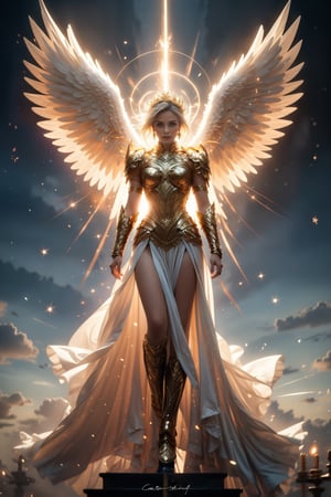 Create a full-body portrait of a Valkyrie angel in her signature costume, captured in a wide shot. She stands upright, exuding strength and grace, with large, majestic white wings extending elegantly behind her. Her costume is a blend of armor and ethereal elements, featuring intricate silver and gold details, with a form-fitting bodice that highlights her athletic build. The bodice is adorned with ornate patterns, and she wears a flowing skirt that cascades down, made from shimmering fabric that catches the light. Her long, flowing hair is a rich golden hue, cascading down her back, framing her fierce yet serene face. She has striking, piercing blue eyes that convey determination and compassion. The background is a celestial landscape, with soft clouds and a radiant sky, enhancing the angelic and otherworldly atmosphere. The overall mood should evoke a sense of power, beauty, and divinity.