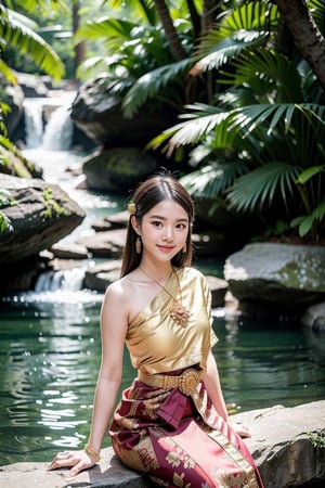 Thai girl 20 years old in See through red-gold thai dress, smile, sitting near waterfall in background