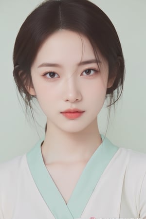 A 20-year-old Korean young lady in a traditional, elegant see through Hanbok, showcasing a more natural and realistic appearance. The Hanbok is in tasteful pastel colors, enhancing her subtle beauty. This image aims to capture a high level of realism, akin to a photograph taken with a Hasselblad camera. It includes fine details such as distinct pores on her forehead and cheeks, a small scar on her chin from a childhood accident, and a slightly asymmetrical mouth and eyes. The overall look should be a harmonious blend of cultural elegance and realistic, individual characteristics."