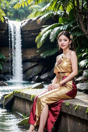 Thai girl 20 years old in See through red-gold thai dress, smile, sitting near waterfall in background