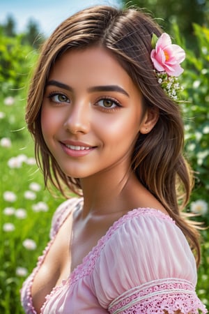 (best quality,4k,8k,highres,masterpiece:1.2),ultra-detailed,(realistic,photorealistic,photo-realistic:1.37),beautiful detailed eyes,beautiful detailed lips,extremely detailed eyes and face,longeyelashes,little girl,cute girl,cute smile,outdoor,soft lighting,happy expression,green garden,flowers,grass, sunshine((Fully nude and detailed medium breasts and pink detailed small nipples and detailed areolas and detailed natural pubic brown hair and detailed pussy))