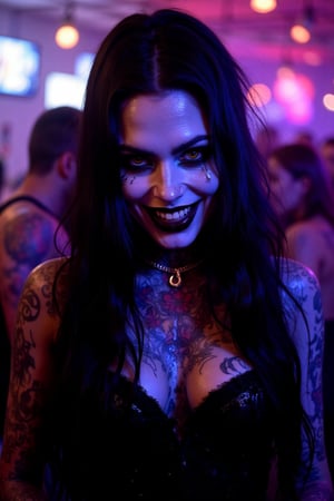 a vampire girl, Romanian, very very long black hair, about thirty years old, some tattoos, dressed for a disco party, wearing makeup, lipstick, dancing in a club trying to seduce the observer, smiling mischievously with visible teeth, canine teeth widely recognizable vampire, inside a club with colored lights and strobe lights that dazzle the observer while partially hiding the subject, bochet effect