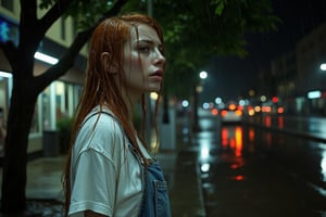 A rain-soaked red-haired beauty, 26-year-old Caucasian bombshell, stands waiting for a taxi outside a city cafe after midnight. Her white short-sleeved tee and denim shorts cling to her perfect, wet body, as she gazes down the empty street, eyes flashing with anger, frustration, and fear. Wet hair cascades down her face, skin glistening with raindrops. Shady figures lurk on the other side of the road, their laughter echoing through the darkness. The dimly lit scene is set against a backdrop of urban isolation, a lone tree casting long shadows across the pavement. Framed by a tree's leafy canopy, the only available light casts an eerie glow, as our heroine waits patiently for a taxi that refuses to materialize.