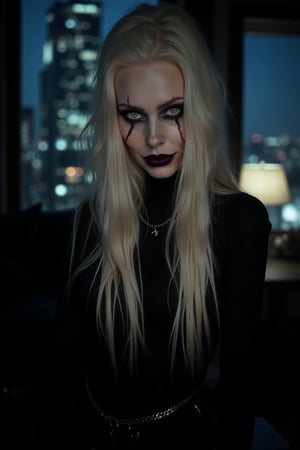 a vampire girl, Caucasian, very very long died blonde hair, about thirty years old, wearing makeup, lipstick, canine teeth widely recognizable vampire, vampire costume, modern design living room on a skyscraper, big windows, night, dark night,  the only light is an off-camera dim light, bokeh effect,  (full body shot), (full body visible),