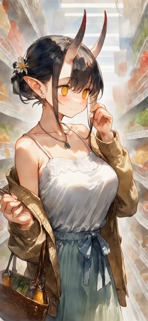 upper body,watercolor,(Perfect Hands),(best quality,wallpaper,detailed_background),(super_market_background,super_market_background:1.3),(1girl,solo),(15_year_old),large breasts,(long hair,black hair,half updo),yellow eyes,oni_horns,(sundress,beige_sweater_jacket,azur_skirt),earrings,hair ornament,(pointed_ears),emotionless,(empty eyes:1.3),(blushing:1.2),spider_lily_trim,side_view,collarbone,spaghetti strap,long_sleeve,necklace,purse,(light_smile:0.8)