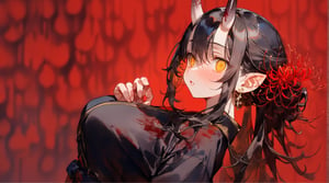 upper body,watercolor,(Perfect Hands),(best quality,masterpiece,wallpaper),(blood background,red background:1.3),(1girl,solo),(15_year_old),large breasts,(long hair,black hair),yellow eyes,oni_horns,(black_kimono,lace_trim_kimono),earrings,parted_lips,(spider lily)_hair ornament,(pointed_ears),emotionless,half updo,(blushing:1.3),long sleeves,(lace_trim_shawl),(empty eyes:1.3),looking_at_viewer,spider_lily_trim,side_view,