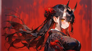 upper body,watercolor,(Perfect Hands),(best quality,masterpiece,wallpaper),(blood background,red background:1.3),(1girl,solo),(15_year_old),large breasts,(long hair,black hair),yellow eyes,oni_horns,(black_kimono,lace_trim_kimono),earrings,parted_lips,(spider lily)_hair ornament,(pointed_ears),emotionless,half updo,(blushing:1.3),long sleeves,(lace_trim_shawl),(empty eyes:1.3),looking_at_viewer,spider_lily_trim,side_view,