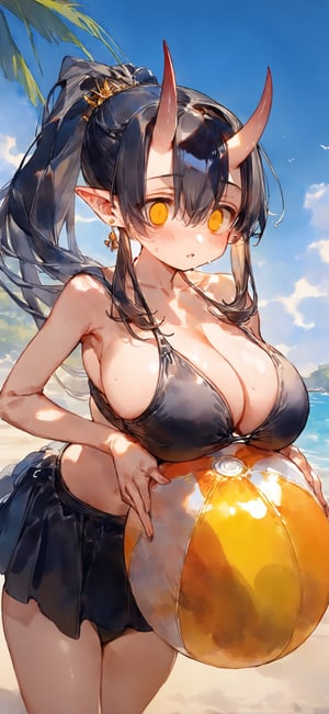 watercolor,(Perfect Hands),(best quality,wallpaper),(beach background,sky background:1.3),(1girl,solo),(15_year_old),large breasts,(long hair,black hair,ponytail),yellow eyes,oni_horns,(cute_swimsuit,black_swimsuit,swimsuit_skirt),earrings,parted_lips,hair ornament,(pointed_ears),emotionless,(blushing:1.3),(empty eyes:1.3),spider_lily_trim,side_view,(sweating:1.3),holding_beachball,cleavage