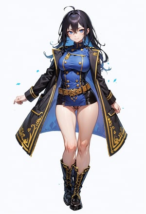 (full body),(8k,best quality),(white background,simple backbround:1.3),((1 girl,solo)),(standing),(mature female),breasts,black hair,long hair,messy hair,crossed bangs,hair between eyes,blue eyes,sharp eyes,evil smile,military_coat,military_uniform,miniskirt,thighs,boots,gold_trim,red belt,camel toe,nsfw,thongs,