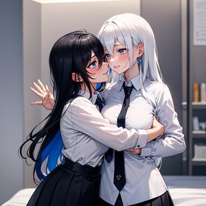 (upper body),(8k,best quality),(((2 girl))),((yuri)),(lesbian),(female),(large breasts),((colored inner hair,black hair,long hair,hair between eyes,wave hair)),((white hair)),blue eyes,sharp eyes,parted lips,(Hands:1.1),better_hands,necklace,earrings,looking away,blushing,smile,((collared shirt,necktie)),mini_skirt,black pleated skirt,long_sleeves,(hug),indoors,kissing,