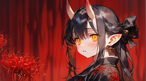 upper body,watercolor,(Perfect Hands),(best quality,masterpiece,wallpaper),(blood background,red background:1.3),(1girl,solo),(15_year_old),large breasts,(long hair,black hair),yellow eyes,oni_horns,(black_kimono,lace_trim_kimono),earrings,parted_lips,(spider lily)_hair ornament,(pointed_ears),emotionless,half updo,(blushing:1.3),long sleeves,(lace_trim_shawl),(empty eyes:1.3),looking_at_viewer,spider_lily_trim,side_view,