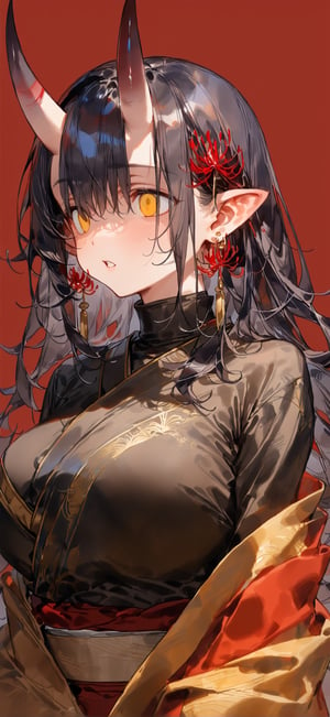 upper body,watercolor,(Perfect Hands),(best quality,masterpiece,wallpaper),(simple background,red background:1.3),(1girl,solo),large breasts(long hair,black hair),yellow eyes,oni_horns,(black_kimono,lace_trim_kimono,gold_trim),earrings,parted_lips,(spider lily hair ornament),pointed_ears,(empty eyes:1.2),blushing,turtleneck,shawl,golden kimono