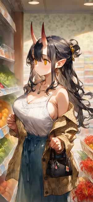 upper body,watercolor,(Perfect Hands),(best quality,wallpaper,detailed_background),(super_market_background,super_market_background:1.3),(1girl,solo),(15_year_old),large breasts,(long hair,black hair,half updo),yellow eyes,oni_horns,(sundress,beige_sweater_jacket,azur_skirt),earrings,hair ornament,(pointed_ears),emotionless,(empty eyes:1.3),(blushing:1.2),spider_lily_trim,side_view,collarbone,spaghetti strap,long_sleeve,necklace,purse,(light_smile:0.8)