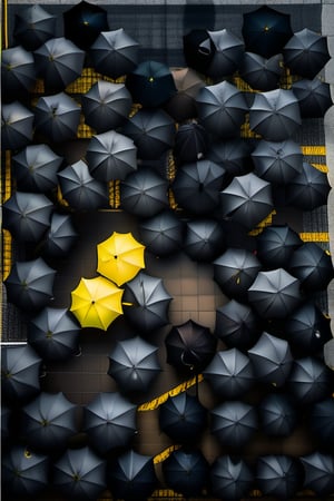 a top view image of a street with many black umbrellas and two yellow umbrellas nearby, dark ground on a rainy day, realistic image, 4k photography. Only 2 umbrellas in yellow, the rest are in black, there are few umbrellas and there is a large space between them