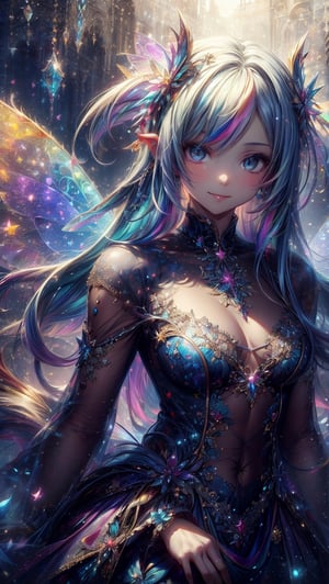 FACE FOCUS, RAINBOW HAIRED WOMAN, full body seiza pose, top_view, best quality, masterpiece, beautiful and aesthetic, 16K, (HDR:1.4), high contrast, (vibrant color:0.5), , (tmasterpiece, best:1.2), (LONG_RAINBOW_STRAIGHT_HAIR_HUMAN_GIRL:1.5), perfect hands, gorgeous perfect symmetrical eyes, (wears detailed fairy dress:1.5), intricate detailing, finely eye and detailed face, extremely long hair, light theme, fantasy fairy dress, huge fairy wings, fairy garden background, cute smiling face, Perfect eyes, Equal eyes, Fantastic lights and shadows、 Uses backlight and rim light, huoshen, More Detail, zhurongshi, breakdomain,1 girl,Niji style ,YorForger,yoimiyadef,DonMF41ryW1ng5,gem