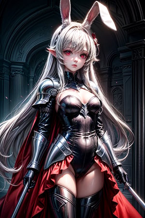masterpiece, best quality, 1girl, white_hair, red eyes, long_hair, hair_past_waist,red_dress, long_sleeves ,bunny_ear,bunnygirl,longhair,female knight,no_cape,no_humans,Animal ear