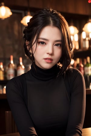#McBane: photo of extremely sexy woman, a sexy student, closeup portrait upsweep updo, (lace tight long sleeve turtleneck top), at a  bar, masterpiece, photorealistic, best quality, detailed skin, intricate, 8k, HDR, cinematic lighting, sharp focus, eyeliner, painted lips, earrings, extremely sexy seductive eyes, perfect