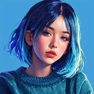 shadow flat vector art, illustrator, anime , realistic ,sketch , 1girl, ,lip, Sweater,order, Blue gradient background, Neon hair,Textured crop,xxmix_girl