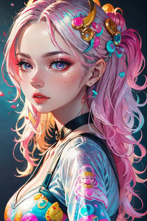 beautiful kawaii naughty girl, hyper detailed, cotton candy curly hair, candy freckles, bright makeup, holographic transparent candy dress, close-up portrait, highly detailed illustration, candyland character design, surrounded by swirls of ice cream and cream butter Pale pastel colors, bubblegum bubbles, gradient background. the candy girl,3D MODEL,Worldwide trending artwork