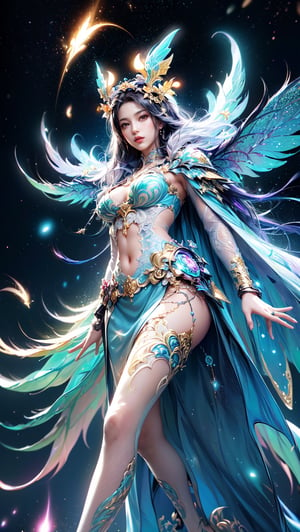 (masutepiece, of the highest quality, Best Quality, Official art, Beautiful and aesthetic:1.2), (1girl in), extremely detailed eye, (Fractal Art:1.3), Colorful, highest details, (Perfect face), Shiny skin, nffsw, (White cloak golden lines:1.2), Galaxy, (light streaks), striking visuals, (Dynamic streaks, luminous trails:1.2), Vibrant colors, (phoenix), (shenron) --auto