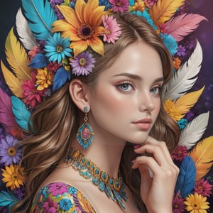 (masterpiece, top quality, best quality, official art, beautiful and aesthetic:1.2), (1girl), extremely detailed,(fractal art:1.1), proper fingers, (colorful:1.1)(flowers:1.3),highest detailed,(zentangle:1.2), (dynamic pose), (abstract background:1.3), (many colors:1.4), ,(earrings), (feathers:1.5) ,lis4