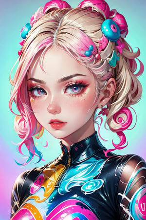 beautiful kawaii naughty girl, hyper detailed, cotton candy curly hair, candy freckles, bright makeup, holographic transparent candy dress, close-up portrait, highly detailed illustration, candyland character design, surrounded by swirls of ice cream and cream butter Pale pastel colors, bubblegum bubbles, gradient background. the candy girl,3D MODEL,Worldwide trending artwork