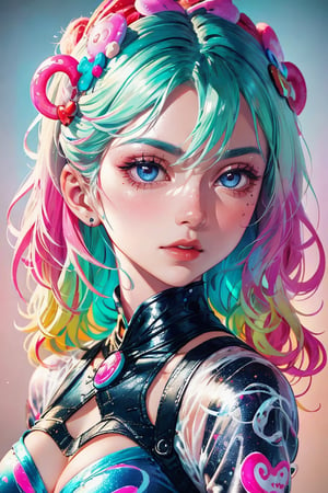 beautiful kawaii naughty girl, hyper detailed, cotton candy curly hair, candy freckles, bright makeup, holographic transparent candy dress, close-up portrait, highly detailed illustration, candyland character design, surrounded by swirls of ice cream and cream butter Pale pastel colors, bubblegum bubbles, gradient background. the candy girl,3D MODEL,Worldwide trending artwork