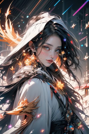 (masutepiece, of the highest quality, Best Quality, Official art, Beautiful and aesthetic:1.2), (1girl in), extremely detailed eye, (Fractal Art:1.3), Colorful, highest details, (Perfect face), Shiny skin, nffsw, (White cloak golden lines:1.2), Galaxy, (light streaks), striking visuals, (Dynamic streaks, luminous trails:1.2), Vibrant colors, (phoenix), (shenron) 