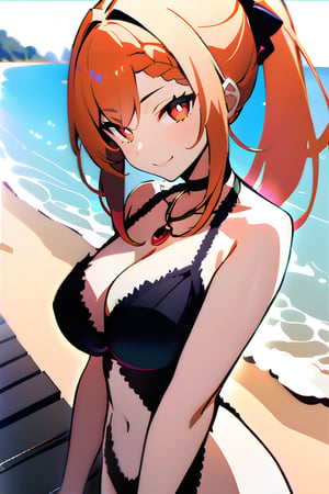 1 girl, braided bangs, long hair, orange hair, low ponytail, bright pupils, white pupils, solo, red eyes, hmpris, hair ornament, choker, clavicle, necklace, cleavage, bare shoulders, big breasts, monokini purple, hands on hips, standing, legs crossed, smile, beach, best quality, masterpiece, highly detailed, beautiful, cowboy shot,
,Priscila Barielle.