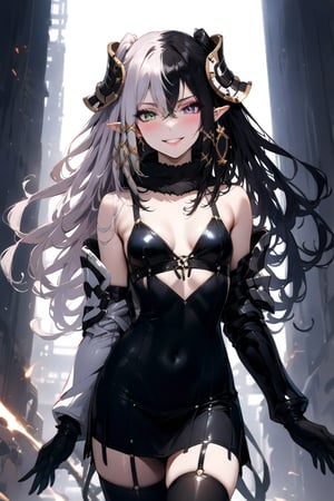 1 girl, alone, Antilene_Heran_Fouche \(overlord\), 1girl, elf, long ears, black eyes, gray eyes, heterochromia, two-tone hair, hair between eyes, bangs, small breasts, shiny hair, eyelashes, makeup, lipstick , lips, black bra, black thigh-high stockings, elbow-length gloves, choker, earrings, big smile, very happy, incredibly happy, very blushing, blushing face, masterful work of art, incredibly detailed, top quality, beautiful, standing, with hands on hips.,mirham