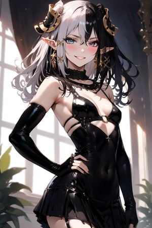 1 girl, alone, Antilene_Heran_Fouche \(overlord\), 1girl, elf, long ears, black eyes, gray eyes, heterochromia, two-tone hair, hair between eyes, bangs, small breasts, shiny hair, eyelashes, makeup, lipstick , lips, black bra, black thigh-high stockings, elbow-length gloves, choker, earrings, big smile, very happy, incredibly happy, very blushing, blushing face, masterful work of art, incredibly detailed, top quality, beautiful, standing, with hands on hips.,mirham