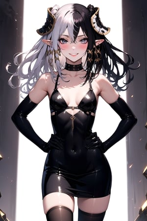 1 girl, alone, Antilene_Heran_Fouche \(overlord\), 1girl, elf, long ears, black eyes, gray eyes, heterochromia, two-tone hair, hair between eyes, bangs, small breasts, shiny hair, eyelashes, makeup, lipstick , lips, black bra, black thigh-high stockings, elbow-length gloves, choker, earrings, big smile, very happy, incredibly happy, very blushing, blushing face, masterful work of art, incredibly detailed, top quality, beautiful, standing, with hands on hips.