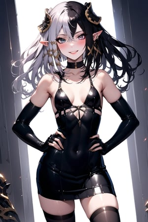 1 girl, alone, Antilene_Heran_Fouche \(overlord\), 1girl, elf, long ears, black eyes, gray eyes, heterochromia, two-tone hair, hair between eyes, bangs, small breasts, shiny hair, eyelashes, makeup, lipstick , lips, black bra, black thigh-high stockings, elbow-length gloves, choker, earrings, big smile, very happy, incredibly happy, very blushing, blushing face, masterful work of art, incredibly detailed, top quality, beautiful, standing, with hands on hips.