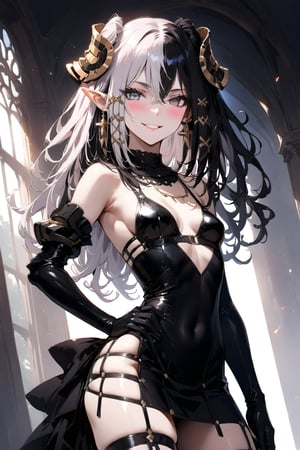 1 girl, alone, Antilene_Heran_Fouche \(overlord\), 1girl, elf, long ears, black eyes, gray eyes, heterochromia, two-tone hair, hair between eyes, exposed abdomen, bangs, small breasts, shiny hair, eyelashes, makeup, lipstick , lips, black bra, black thigh-high stockings, elbow-length gloves, choker, earrings, big smile, very happy, incredibly happy, very blushing, blushing face, masterful work of art, incredibly detailed, top quality, beautiful, standing, with hands on hips.,mirham