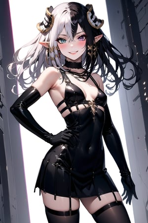 1 girl, alone, Antilene_Heran_Fouche \(overlord\), 1girl, elf, long ears, black eyes, gray eyes, heterochromia, two-tone hair, hair between eyes, bangs, small breasts, shiny hair, eyelashes, makeup, lipstick , lips, black bra, black thigh-high stockings, elbow-length gloves, choker, earrings, big smile, very happy, incredibly happy, very blushing, blushing face, masterful work of art, incredibly detailed, top quality, beautiful, standing, with hands on hips.