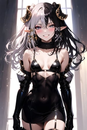 1 girl, alone, Antilene_Heran_Fouche \(overlord\), 1girl, elf, long ears, black eyes, gray eyes, heterochromia, two-tone hair, hair between eyes, exposed abdomen, bangs, small breasts, shiny hair, eyelashes, makeup, lipstick , lips, black bra, black thigh-high stockings, elbow-length gloves, choker, earrings, big smile, very happy, incredibly happy, very blushing, blushing face, masterful work of art, incredibly detailed, top quality, beautiful, standing, with hands on hips.,mirham