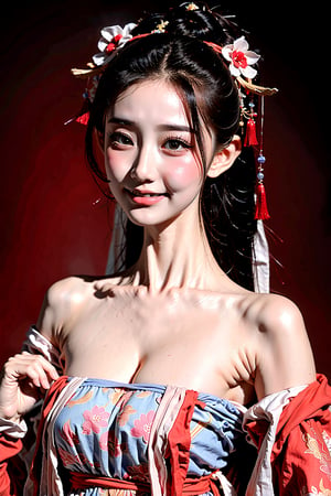 A beautiful Chinese girl with a real Asian yellow skin color. There are a few small spots or small moles or small warts scattered on the skin of the body. The chest is very concentrated and firm. She has light makeup on her face, smiles, and has bright eyes. , eyes looking into the camera, random hairstyles and hair accessories, random photo poses, random face shapes, random clothing colors, random background matching, real photo quality, depth of field, clear background, backlight, 32K resolution