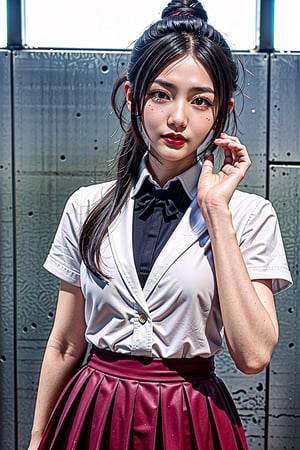 A full body photo of beautiful Chinese girl wearing school uniform with a realistic Asian yellow skin color. There are a few small spots or small moles or small warts scattered on the skin of the body. The big chest is very concentrated and firm. She has light makeup on her face, smiles, and has bright eyes. Nice hands, perfect hands, perfact fingers, eyes looking into the camera, random hairstyles and hair accessories, random photo poses, random face shapes, random clothing colors, random background matching, real photo quality, depth of field, clear background, backlight, 32K resolution,