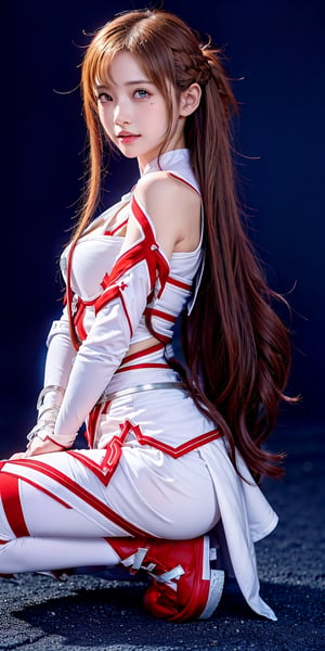 A full body photo of beautiful yuuki asuna wearing white & red colour's guild armor suit with a realistic Asian's skin colour. There are a few small spots or small moles or small warts scattered on the skin of the body. The big chest is very concentrated and firm. She has light makeup on her face, smiles, and has bright eyes. Nice hands, perfect hands, perfect fingers, eyes looking into the camera, random hairstyles and hair accessories, random photo poses, random face shapes, random clothing colours, random background matching, real photo quality, depth of field, clear background, backlight, 32K resolution, leg open and lift high up style at SAO anywhere battle field location, battle pose with sword.