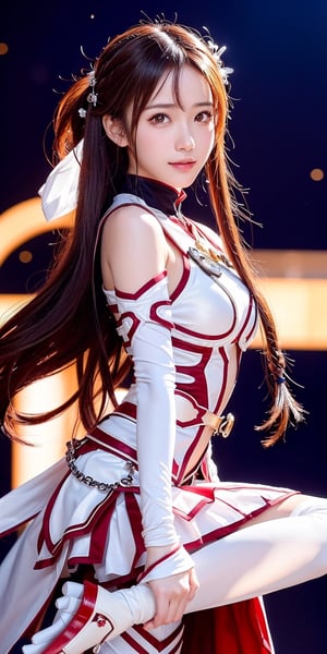 A full body photo of beautiful yuuki asuna wearing guild armor suit with a realistic Asian's yellow skin colour. There are a few small spots or small moles or small warts scattered on the skin of the body. The big chest is very concentrated and firm. She has light makeup on her face, smiles, and has bright eyes. Nice hands, perfect hands, perfect fingers, eyes looking into the camera, random hairstyles and hair accessories, random photo poses, random face shapes, random clothing colours, random background matching, real photo quality, depth of field, clear background, backlight, 32K resolution, leg open and lift high up style at SAO anywhere location, battle pose with sword.