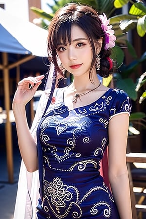 A full body photo of beautiful Chinese girl with a realistic Asian skin colour. There are a few small spots or small moles or small warts scattered on the skin of the body. The big chest is very concentrated and firm. She has light makeup on her face, smiles, and has bright eyes. Nice hands, perfect hands, perfect fingers, eyes looking into the camera, random hairstyles and hair accessories, random photo poses, random face shapes, random clothing colours, random background matching, real photo quality, depth of field, clear background, backlight, 32K resolution,ShiningSpiritTifaCosplayLora