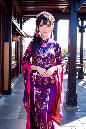 A full body photo of beautiful Chinese girl with a realistic Asian skin colour. There are a few small spots or small moles or small warts scattered on the skin of the body. The big chest is very concentrated and firm. She has light makeup on her face, smiles, and has bright eyes. Nice hands, perfect hands, perfect fingers, eyes looking into the camera, random hairstyles and hair accessories, random photo poses, random face shapes, random clothing colours, random background matching, real photo quality, depth of field, clear background, backlight, 32K resolution