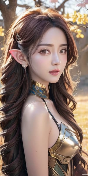 A full body photo of beautiful sexy elf with a realistic Asian skin colour. There are a few small spots or small moles or small warts scattered on the skin of the body. The big breast is very concentrated and firm. She has light makeup on her face, smiles, and has bright eyes. Nice hands, perfect hands, perfect fingers, eyes looking into the camera, random hairstyles and hair accessories, random photo poses, random face shapes, random background field matching with sakura flowing, ultra realitic photo quality, depth of field, clear background, backlight, 32K resolution, BOTTOM VIEW, Dark Elf, wearing sexy battle suit, long sharp ear, archer bow on hand