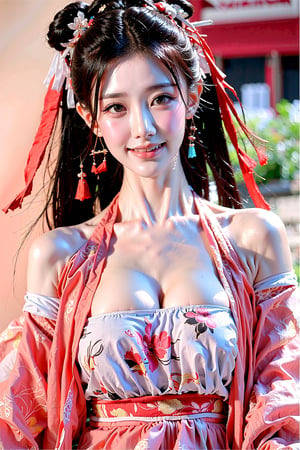 A beautiful Chinese girl with a real Asian yellow skin color. There are a few small spots or small moles or small warts scattered on the skin of the body. The big chest is very concentrated and firm. She has light makeup on her face, smiles, and has bright eyes. , eyes looking into the camera, random hairstyles and hair accessories, random photo poses, random face shapes, random clothing colors, random background matching, real photo quality, depth of field, clear background, backlight, 32K resolution