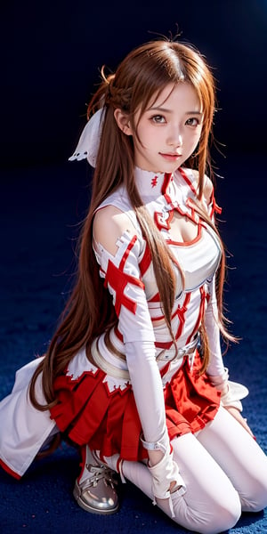 A full body photo of beautiful yuuki asuna wearing white & red colour's guild armor suit with a realistic Asian's skin colour. There are a few small spots or small moles or small warts scattered on the skin of the body. The big chest is very concentrated and firm. She has light makeup on her face, smiles, and has bright eyes. Nice hands, perfect hands, perfect fingers, eyes looking into the camera, random hairstyles and hair accessories, random photo poses, random face shapes, random clothing colours, random background matching, real photo quality, depth of field, clear background, backlight, 32K resolution, leg open and lift high up style at SAO anywhere battle field location, battle pose with sword.