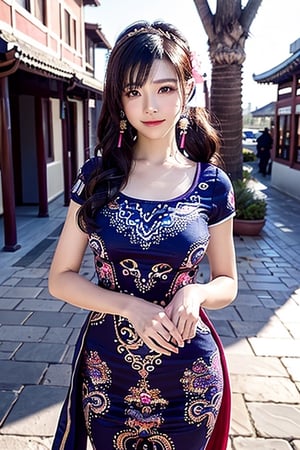 A full body photo of beautiful Chinese girl with a realistic Asian skin colour. There are a few small spots or small moles or small warts scattered on the skin of the body. The big chest is very concentrated and firm. She has light makeup on her face, smiles, and has bright eyes. Nice hands, perfect hands, perfect fingers, eyes looking into the camera, random hairstyles and hair accessories, random photo poses, random face shapes, random clothing colours, random background matching, real photo quality, depth of field, clear background, backlight, 32K resolution,ShiningSpiritTifaCosplayLora