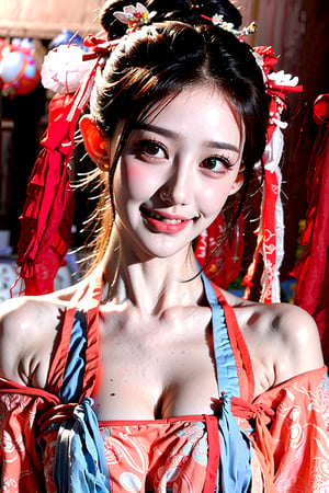 A beautiful Chinese girl with a real Asian yellow skin color. There are a few small spots or small moles or small warts scattered on the skin of the body. The chest is very concentrated and firm. She has light makeup on her face, smiles, and has bright eyes. , eyes looking into the camera, random hairstyles and hair accessories, random photo poses, random face shapes, random clothing colors, random background matching, real photo quality, depth of field, clear background, backlight, 32K resolution